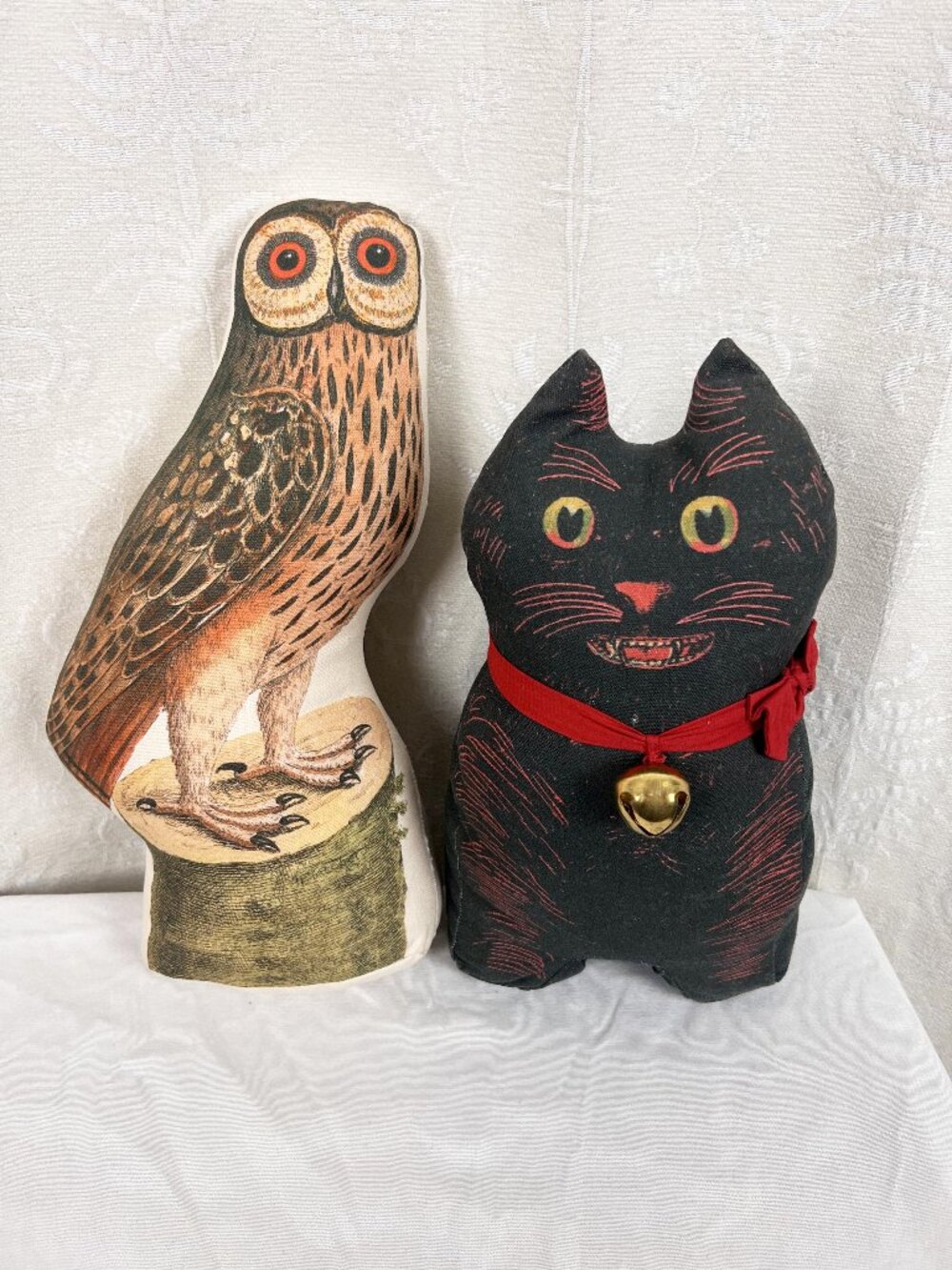 John Derian Halloween pillow creatures set owl and black cat with bell retro